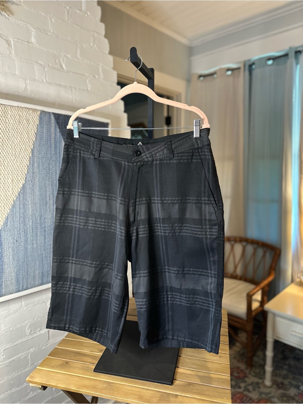 Swiss Cross Black and Grey Plaid Swim Trunks